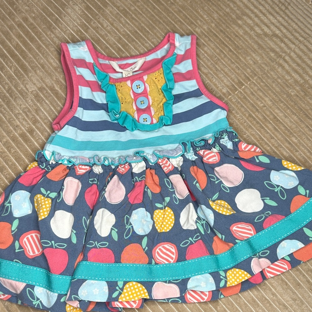 Matilda Jane Pink and Blue Striped Dress with Fruit design on skirt size 2